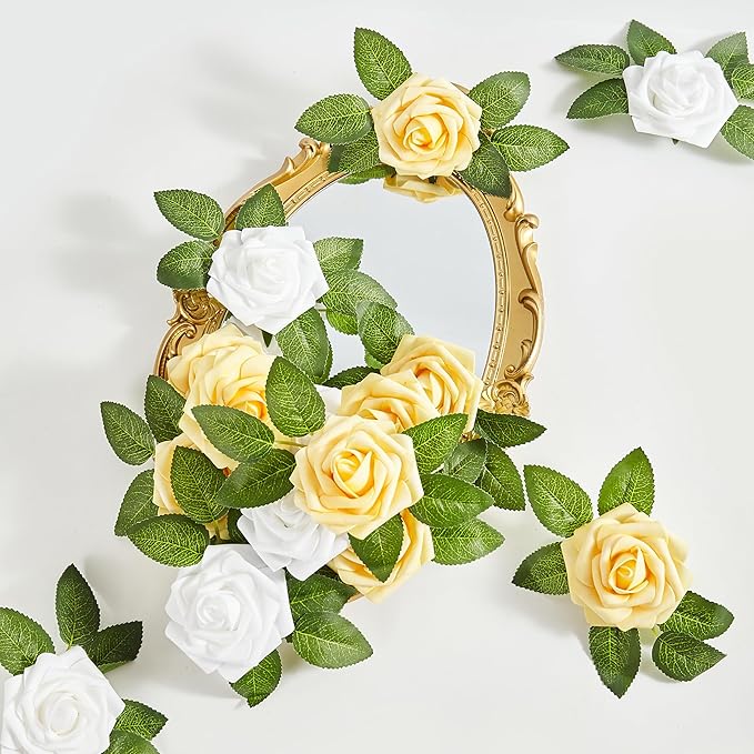 Artificial Flowers, 25pcs Yellow and White Artificial Rose for DIY Wedding Bouquets Centerpieces Arrangements, Fake Flower with Stems for Party Home Decorations