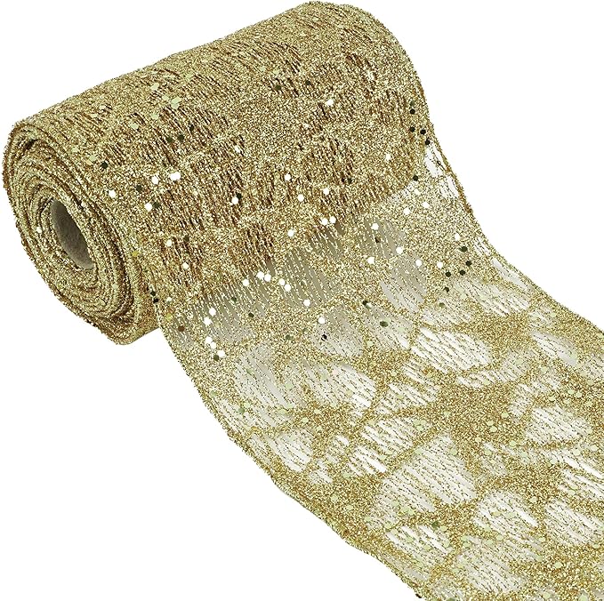 MEEDEE 6 Inch Wide Wired Ribbon Gold Glitter Mesh Web Wired Edge Ribbon by 10 Yards Roll Gold Mesh Wired Ribbons for Christmas Tree, Garland, Holiday Crafts, Wreaths, Bows, Centerpiece, Gift Wrapping