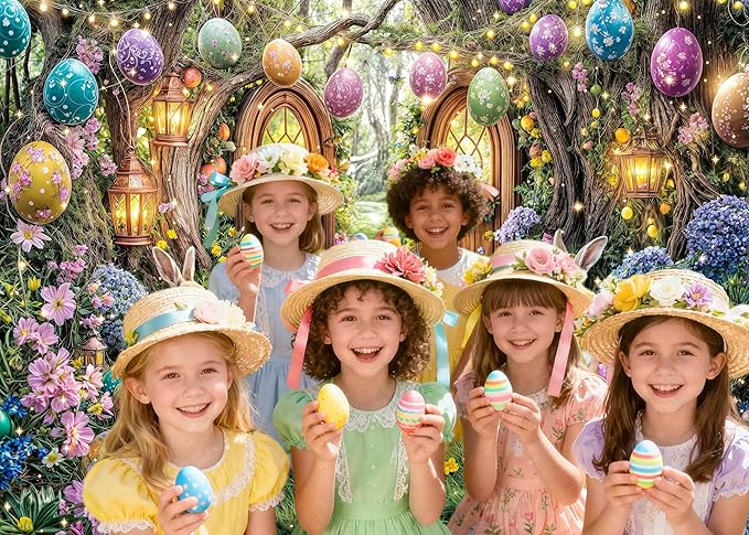 12X10ft Enchanted Forest Easter Backdrop Fairy Tale Rabbit Magic Garden Easter Egg Wonderland Floral Photography Background for Kids Girls Party Decoration Cake Table Photo Booth Props