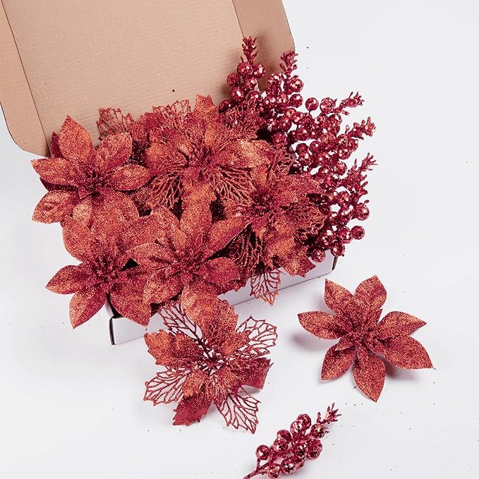 24Pcs Red Glitter Poinsettia Christmas Tree Ornaments and Glitter Berries Stems, 16Pcs Christmas Artificial Flowers and 8 Pack Christmas Tree Picks for Wedding Holiday Decorations