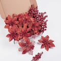 24Pcs Red Glitter Poinsettia Christmas Tree Ornaments and Glitter Berries Stems, 16Pcs Christmas Artificial Flowers and 8 Pack Christmas Tree Picks for Wedding Holiday Decorations