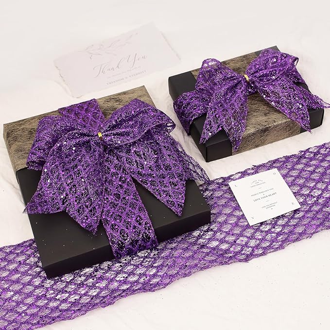VATIN 6" Purple Christmas Ribbon, Purple Glitter Mesh Diamond Web Sequin Dots Wired Christmas Ribbon for Gift Wrapping Bow Making Wreath Supply-10 Yards