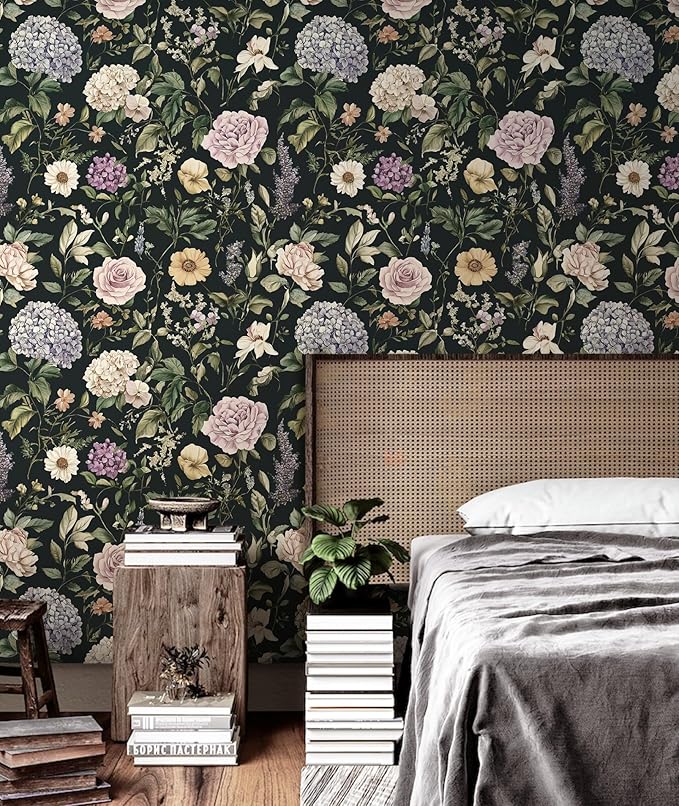HeloHo Vintage Floral Peel and Stick Wallpaper 17.3"x393.7" Boho Contact Paper Dark Flower Self-Adhesive Removable Wallpaper Renter Friendly Botanical Wall Paper for Cabinets Bedroom Vinyl Rolls