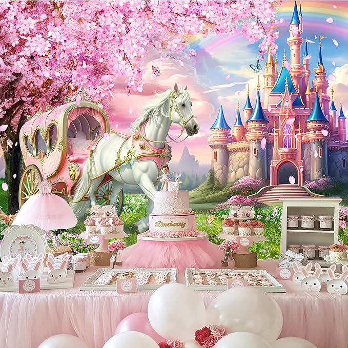 Riyidecor Princess Castle Backdrop Polyester Fabric Pink Sakura Rainbow Flowers Floral Fantasy Fairy Tale Wonderland 8Wx6H Feet White Horse Carriage Photography Background Birthday Photo Studio Shoot