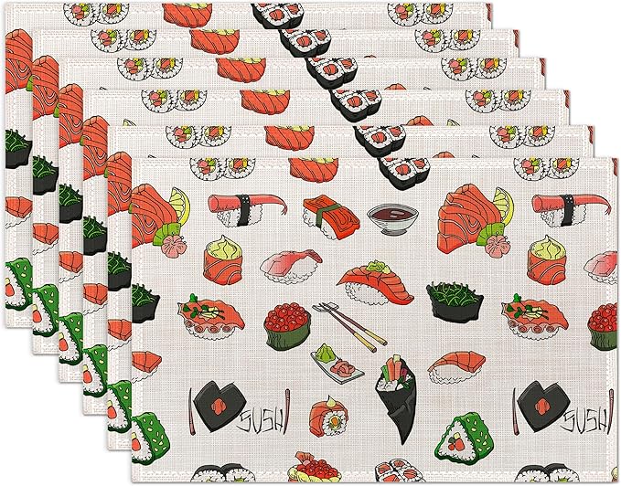 Japaness Sushi Cute Placemats Set of 6 Washable Table Mats for Kitchen Dining Table,Heat-Resistant Place Mats for Indoor Outdoor Party Holiday Decoration