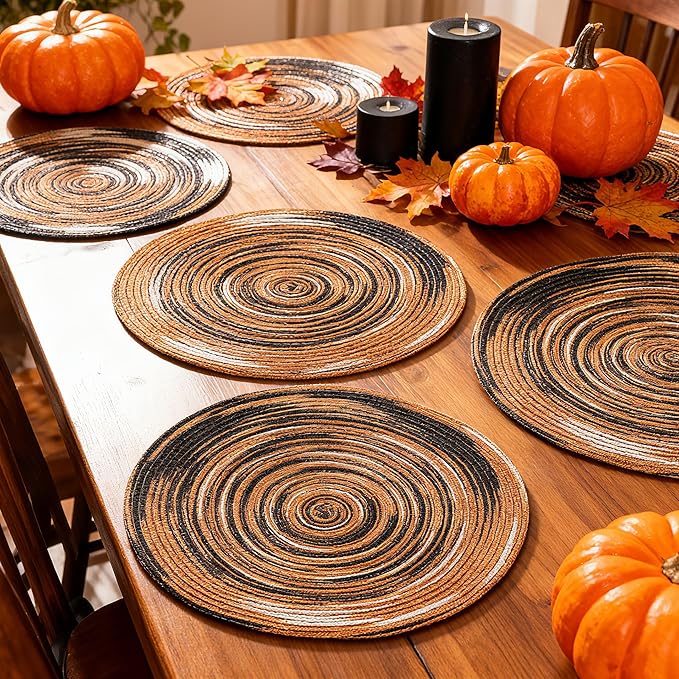 Youyi Better Lifes Halloween Round Braided Placemats Set of 8 Colorful Washable Durable Placemats Non-Slip 15 Inch Black-Orange Woven Table Mats for Dining Tables Holiday Party Decoration