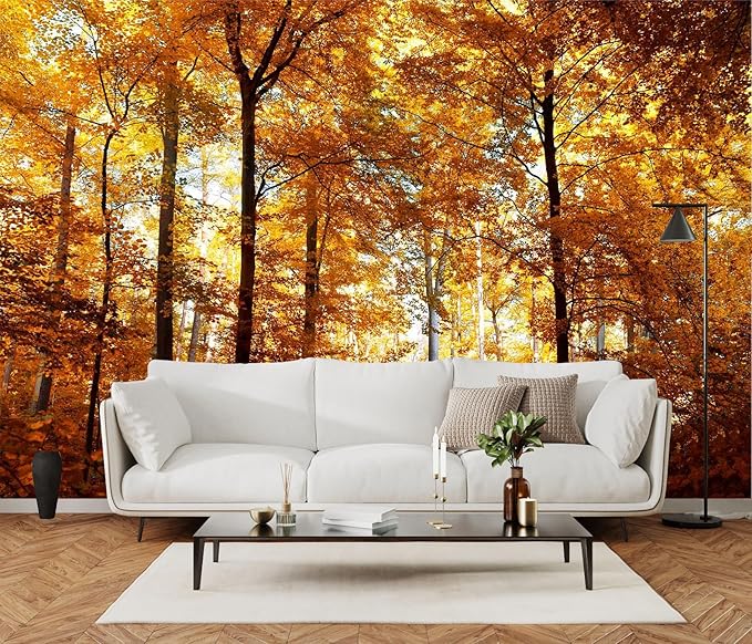 Beautiful Fall Colors in The Forest Wallpaper, Bedroom, Living Room, Bathroom Background Wall Decor Forest Yellow Leaves Mural（Non-self-Adhesive）