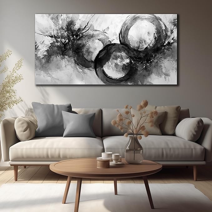 JuhaiArt White Wall Decor Art for Living Room Office Abstract Canvas Wall Art Black Circle Picture Art 29" x 59" Large Modern Poster Artwork