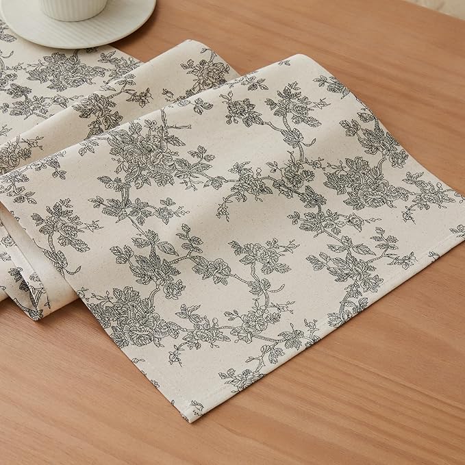100% Cotton French Pastoral Table Runners, 13x108 Inch Black Farmhouse Table Runners 108 Inches Long, Vintage Flowers Print Home Decors