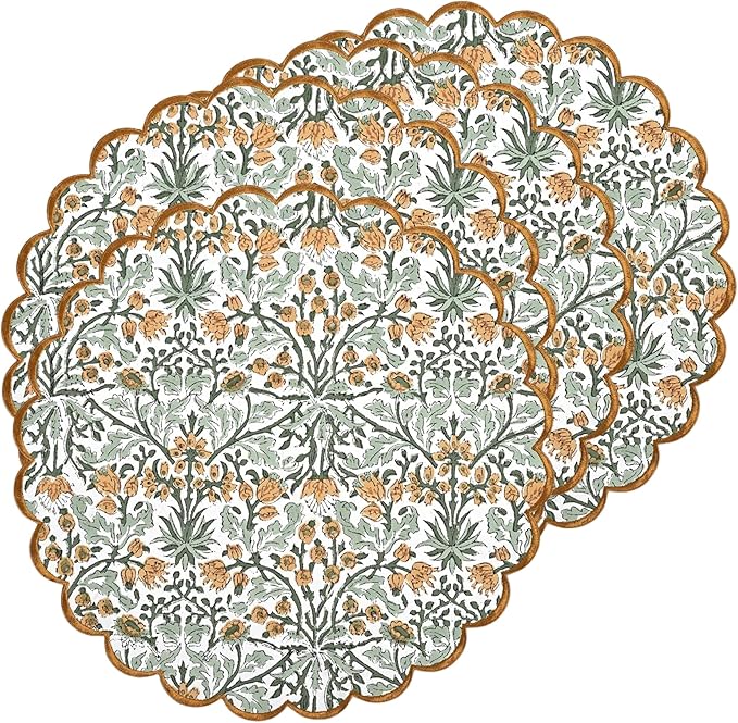 Ridhi Goldenrod Yellow Spring Place Mat Double Layer Floral Cotton Washable Placemats 15" Round Embroidery Block Print Table Mat (Pack of 4-15 Inch Round)