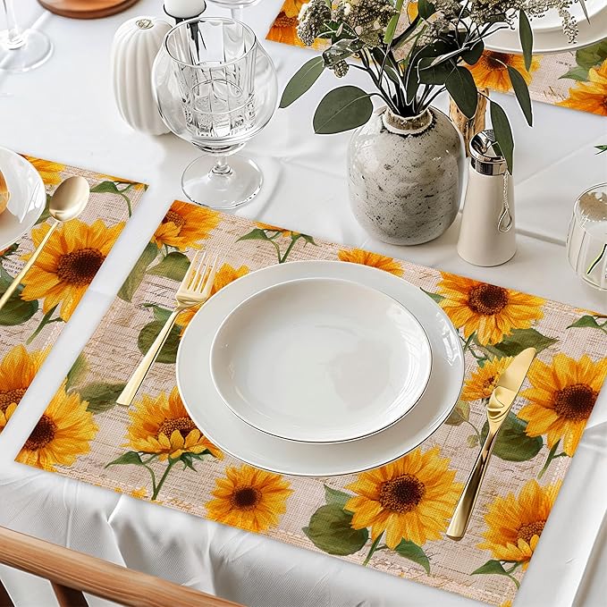 Vintage Sunflower Placemats Set of 6,Waterproof Heat Resistant Dining Table Plate Mat for Home Kitchen Dining Table 12x18Inch