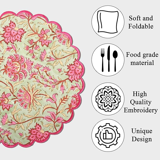Ridhi Pistachio Green Hand Block Print Cotton15 Inch Round Set of 4 Reusable Washable PlaceMats Kitchen Dining Thanksgiving Halloween Christmas Weddings Everyday Use