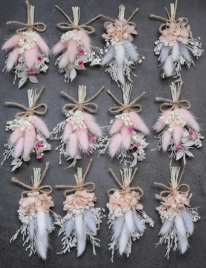 Mini Dried Flower Bouquet Set (12 pcs), Pink Bouquet, Birthday Cake Arrangement, Bridesmaid Flower Girl Proposal Gift Box, Groom Corsage(Pink)