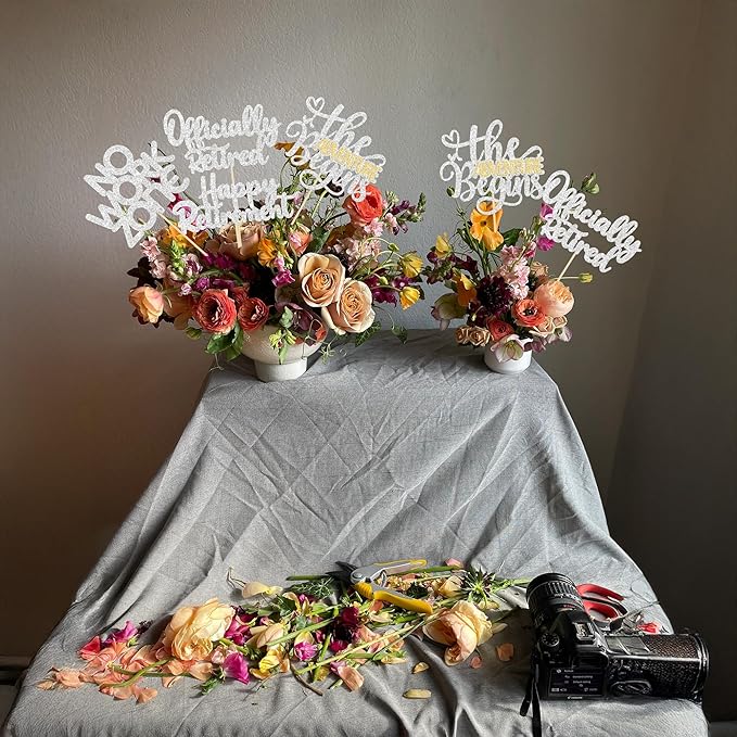 Ephlyn 16Pcs Happy Retirement Centerpiece Sticks Officially Retired Table Flower Centerpieces Sticks No Work Zone Floral Decorations for Farewell Birthday Party Centerpieces Supplies Silver