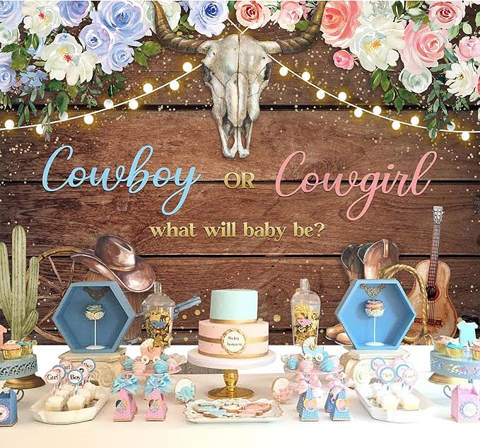 SVBright Cowboy or Cowgirl Gender Reveal Backdrop 7Wx5H Western What Will Baby Be Rustic Wooden Floral Cactus Hat Boots Country Baby Shower Decorations Photography Background Banner Photo Booth Studio