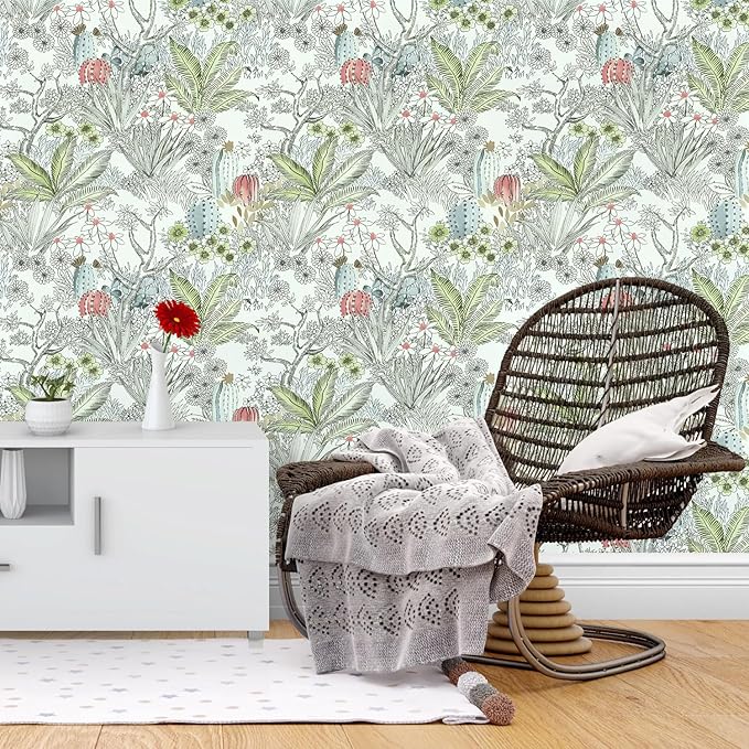 Wudnaye Boho Peel and Stick Wallpaper Catus Wallpaper 17.7" x 393.6"Vintage Floral Wallpapers Peel and Stick Botanical Removable Wall Paper Boho Self Adhesive Contact Paper for Bathroom Cabinets