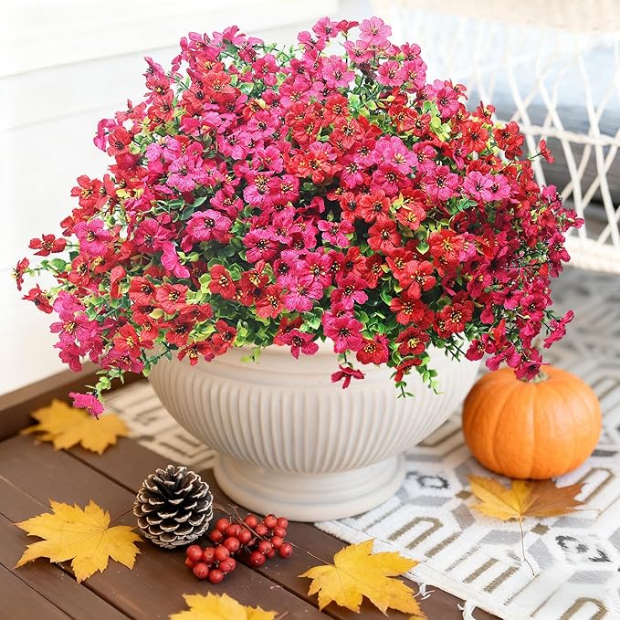 16 Bundles Artificial Flowers for Outdoors–Realistic Silk Mums in Red & Rose Red Mix-UV Resistant Faux Flowers for Garden Yard Patio Porch Home Wedding Décor