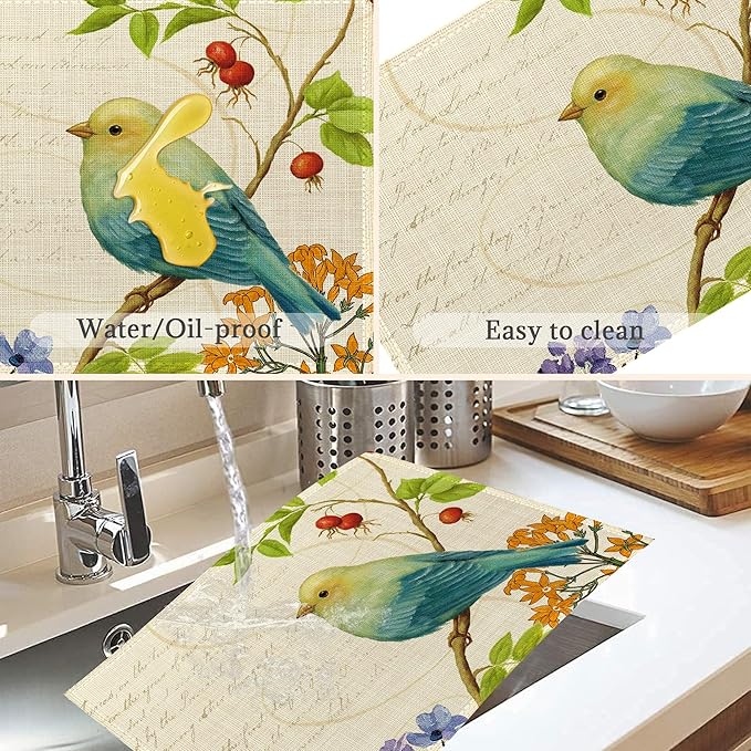 Bird Placemats Set of 6,Washable Heat Resistant Table Mats Vintage Place Mats for Kitchen Dining, Cozy Fall Winter Decor, Bird Floral Pattern