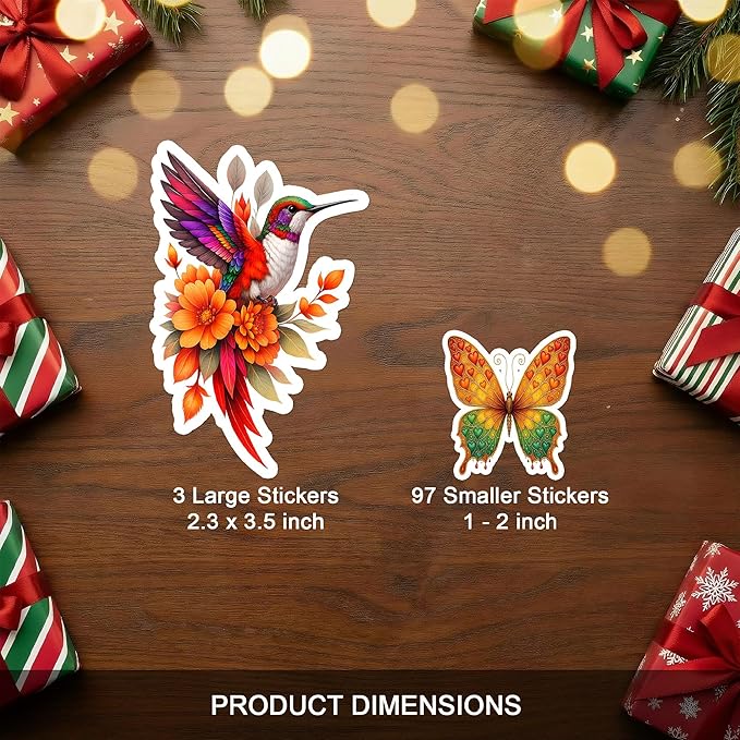 100 PCS Butterfly Dragonfly Hummingbird Stickers Pack, Vinyl Waterproof Decals of Colorful Butterflies Delicate, Gift for Teens Adults Students Wall Decor Laptop Water Bottle Scrapbook Helmet
