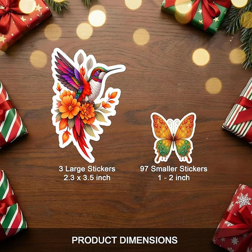 100 PCS Butterfly Dragonfly Hummingbird Stickers Pack, Vinyl Waterproof Decals of Colorful Butterflies Delicate, Gift for Teens Adults Students Wall Decor Laptop Water Bottle Scrapbook Helmet
