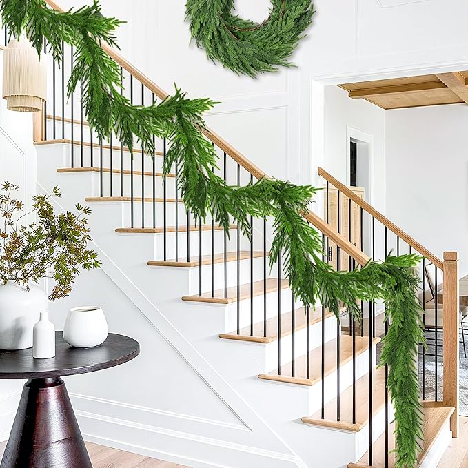 6 Ft Christmas Norfolk Pine Garland Real Touch Artificial Faux Greenery Christmas Garland Decorations for Home Fireplace Mantle Table Stairs Door Indoor Outdoor Holiday Decor