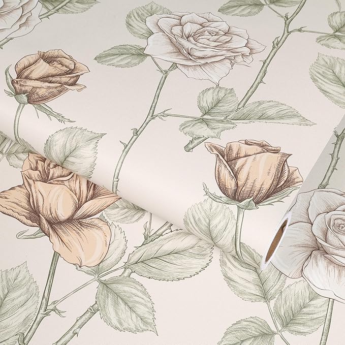 VaryStyle Vintage Beige Floral Wallpaper Elegant Rose Branches Flower Peel and Stick Wallpaper for Bedroom Bathroom 17.7"x118" Self Adhesive Waterproof Vinyl Beige Contact Paper for Cabinets Drawers