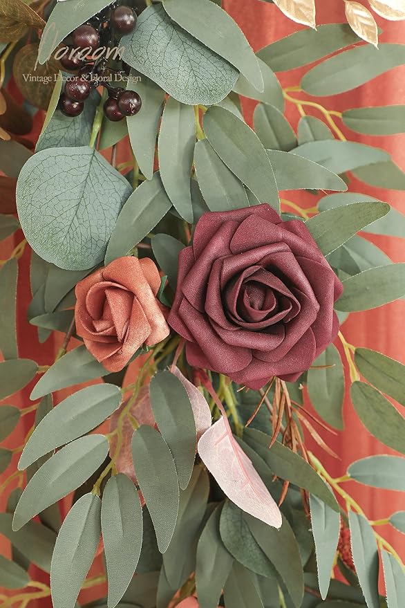 Floroom 6ft Artificial Eucalyptus Garland with Flowers Fake Greenery Burnt Orange Faux Floral Vine Garland for Table Decor Wedding Centerpieces Bridal Shower Party Decorations, Terracotta