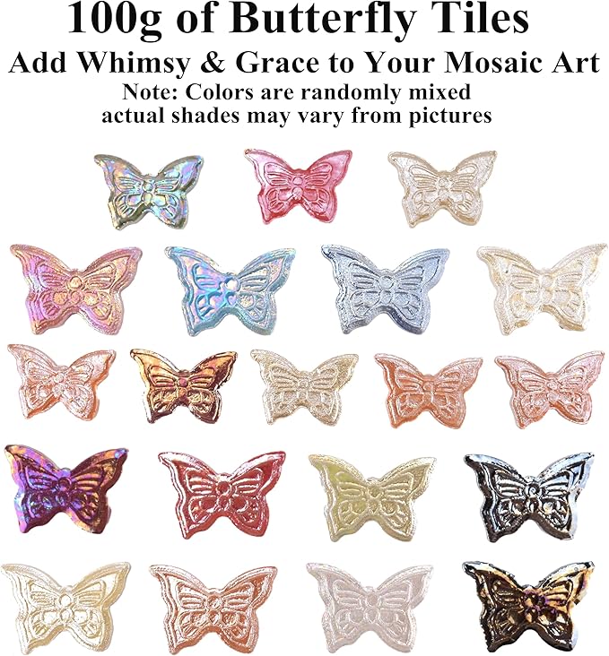 Irregular & Butterfly Mosaic Tiles for Crafts – 1.5 lb Bulk Pack (580g Irregular Tiles + 100g Butterfly Pieces), Assorted Colors, Shapes & Sizes for DIY Art & Home Decor