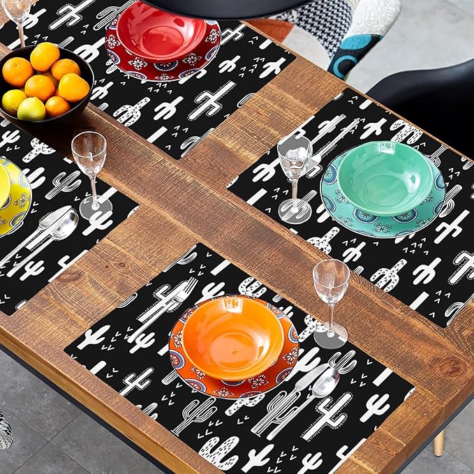 Retro Cactus Placemats Set of 4,Black and White Placemats Dining Table Mat Set,12x18 Washable Stain Resistant Wipeable Cloth Placemat for Kitchen Buffet Parties