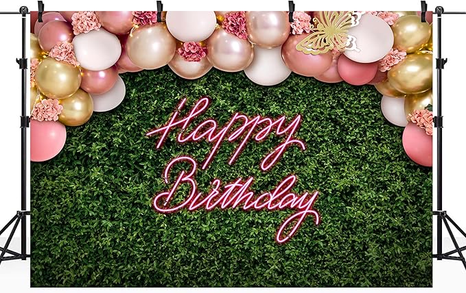 Riyidecor Green Leaves Happy Birthday Backdrop Polyester Fabric Neon Pink Balloon Flower Floral Butterfly Botanical Plant Bday 8Wx6H Feet Women Girls Photography Background Birthday Photo Studio Shoot