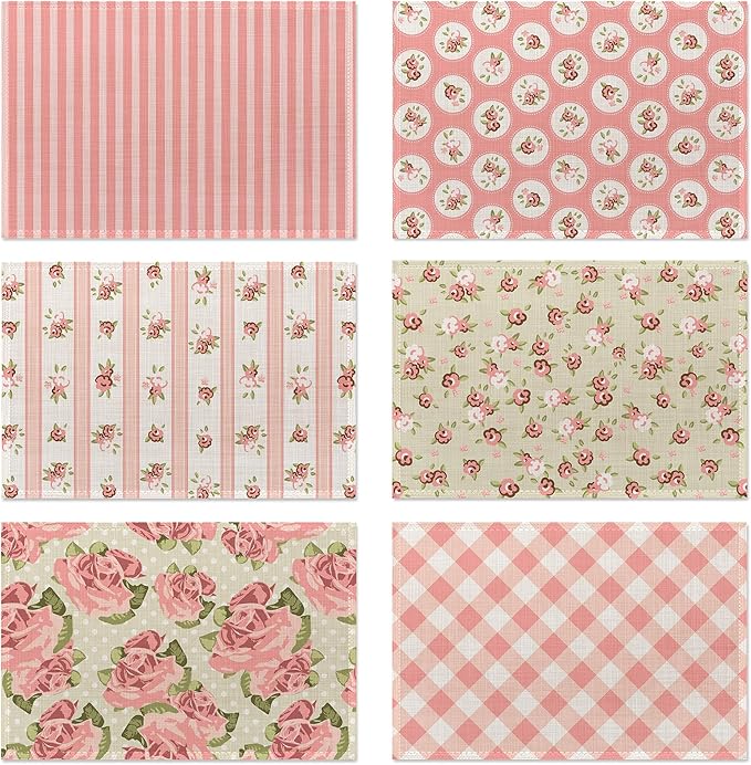 Pink Shabby Chic Floral Placemats Set of 6, Pink Rose Place Mats Washable Heat Resistant 12×18 Inch Linen Table Mats for Party Kitchen Dining, Vintage Outdoor Decor