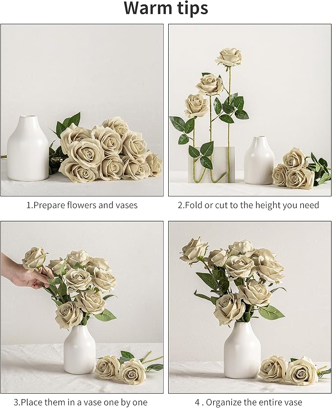 DuHouse 10pcs Silk Roses Artificial Flowers Fake Rose for Arrangement Wedding Party Home Decoration (Sand)