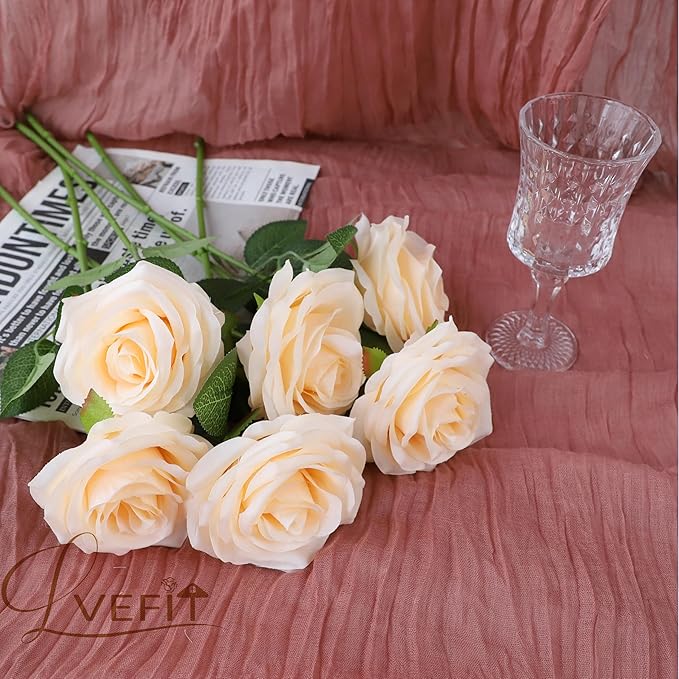 12pcs Artificial Rose Flower Champagne Flower with Long Stem Silk Roses Bouquet for Wedding Bridal Shower Party Home Decoration
