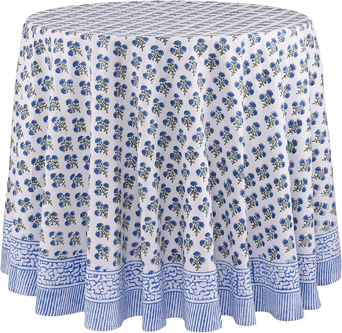 ATOSII Gulbahar Blue 100% Cotton Fall Round Tablecloth, Handblock Print Floral Table Cloth for Kitchen Dining Linen I Thanksgiving, Christmas, Weddings, Outdoors, Parties I 72" Inches Diameter