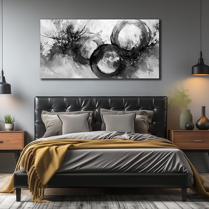 JuhaiArt White Wall Decor Art for Living Room Office Abstract Canvas Wall Art Black Circle Picture Art 29" x 59" Large Modern Poster Artwork