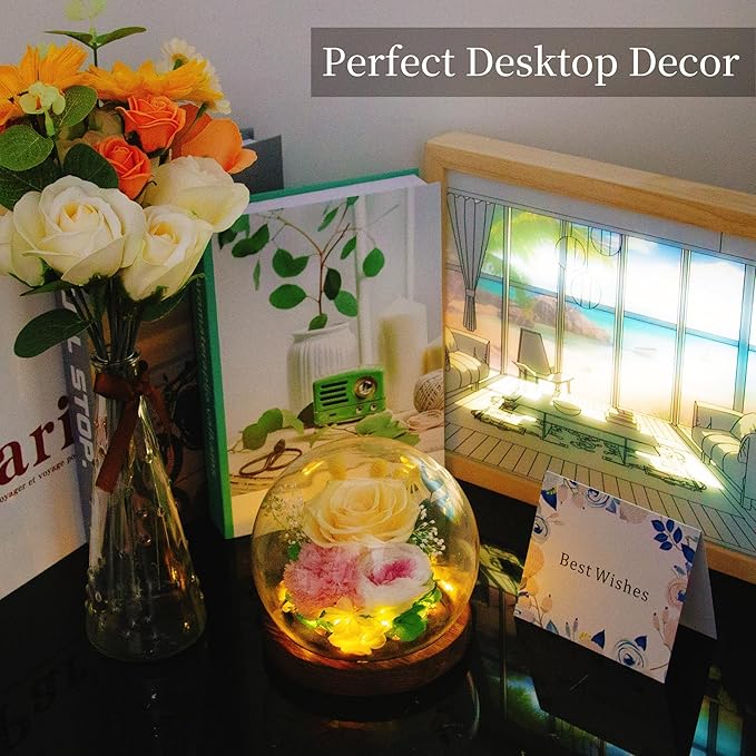 Yellow Rose Gifts for Womens Mothers Day Gifts for Mom Wife Girlfriend Mom - Preserved Real Rose in Glass Dome with LED Strip, Forever Flowers for Delivery on Birthday Anniversary