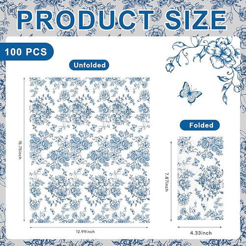 100pcs Blue Floral Napkins Disposable Hand Towels for Bathroom 3 Ply Blue and White Guest Decorative Paper Napkins for Bridal Tea Wedding Birthday Party Supplies Table Decorations