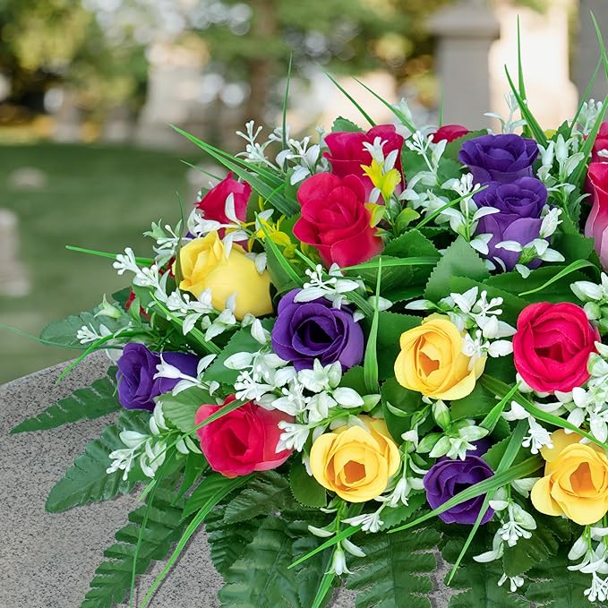 Artificial Cemetery Flowers Saddle-Shaped Tombstone Decorations Non-Fading UV-Resistant（Yellow+Purple+Brilliant Red Saddle）