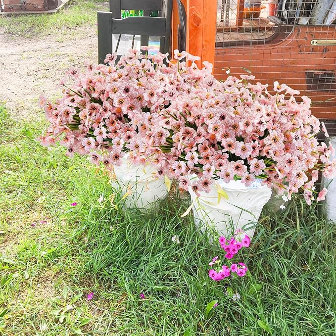 Uieke 72 Bundles Artificial Flowers for Outdoors UV Resistant Fake Silk Flowers No Fade Greenery Shrubs Plants for Outside Planter Home Garden Porch Window Box Spring Summer Décor (Pink)