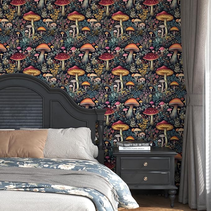 Mushroom Wallpaper Peel and Stick Floral Contact Paper Vintage Wall Paper for Chest of Drawers TV Stand Bookcase Removable Waterproof Dark Black 17.5 x 78.5In