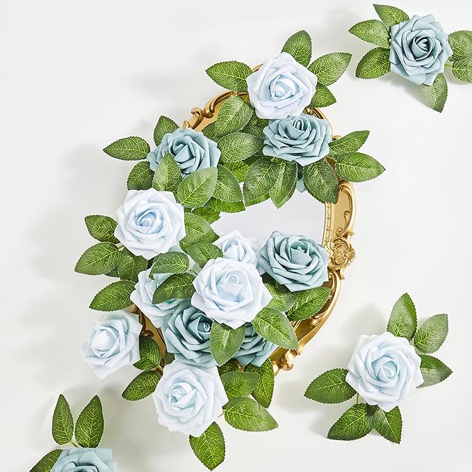 Artificial Flowers, 25pcs Blue Artificial Rose for DIY Wedding Bouquets Centerpieces Arrangements, Fake Flower with Stems for Party Home Decorations