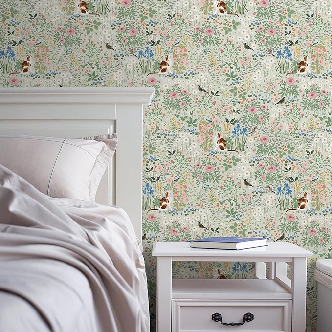 Heroad Floral Peel and Stick Wallpaper Light Green Wallpaper Boho French Country Contact Paper Cat Birds Removable Self-Adhesive Wall Paper for Bedroom Kitchen Cabinets Decoration Vinyl 17.3”x78.7”