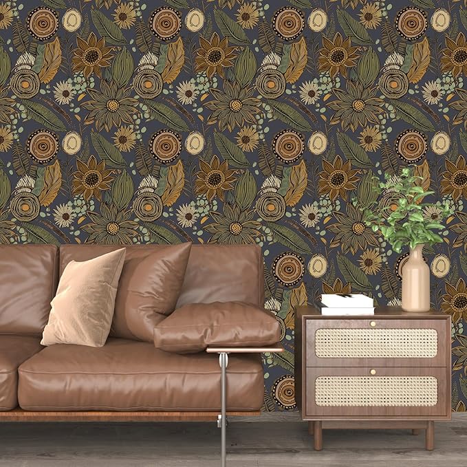 Boho Wallpaper Peel and Stick, Vintage Blue Yellow Floral Contact Paper 17.5" x 393", Botanical Flowers Antique Retro Absract Wall Paper Self Adhesive Removable Waterproof for Shelves Cabinet Table