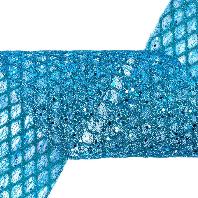 VATIN 6" Turquoise Christmas Ribbon, Blue Glitter Mesh Diamond Web Sequin Dots Wired Christmas Ribbon for Gift Wrapping Bow Making Wreath Supply-10 Yards