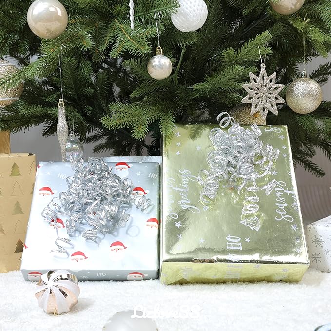 6" Metallic Silver Christmas Curly Ribbon Bows for Gift Wrapping Self Adhesive Gift Bows for Holiday Decor, Baskets, Birthday, Wedding, Presents, Party Favors Decorations 6 Counts