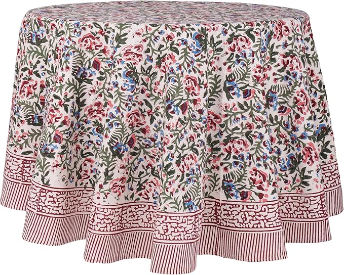 ATOSII Ambrosia 100% Cotton Round Boho Fall Tablecloth, Handblock Floral Table Cloth Linen for Kitchen Dining I Parties Wedding Outdoors Christmas Thanksgiving I Fall Home Decor 72" Inches Round