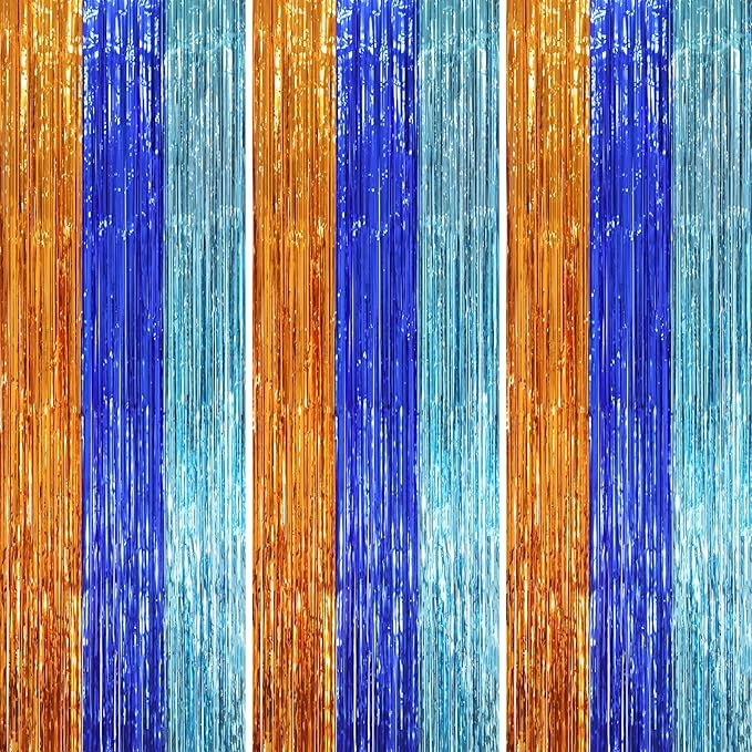 3 Pack 3.3 x 8.2 ft Blue Orange Foil Fringe Backdrop Curtains, Tinsel Streamers Party Decorations, Fringe Backdrop, Door Shimmer for Birthday Party