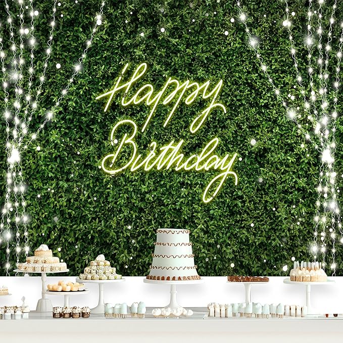 Riyidecor Green Happy Birthday Backdrop Polyester Fabric for Woman Grass Neon Leaf Rustic Spring Leaves Plant Botanical Nature 7Wx5H Feet Lights Photography Background Birthday Photo Studio Shoot