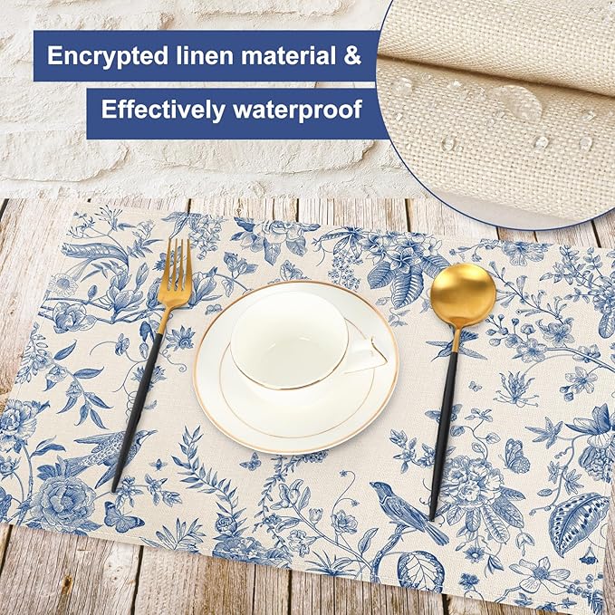 6Pcs Blue White Floral Placemats Flower Birds Branches Table Place Mats 12 x 18 in Vintage Non-Slip Heat Resistant Kitchen Dinner Mat for Home Dining Table Decoration