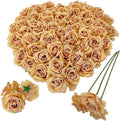 Artificial Satin Rose Flower Heads,48 Pcs Silk Rose Heads with Stems,3.3'' Rose Artificial Flowers Bulk,Artificial Rose Flower Heads for DIY Crafts Bouquet (48, Toffee)